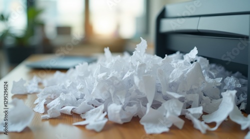 Paper being shredded in a sleek, modern paper shredder on a clean desk, symbolizing document disposal or security in an organized office environment.