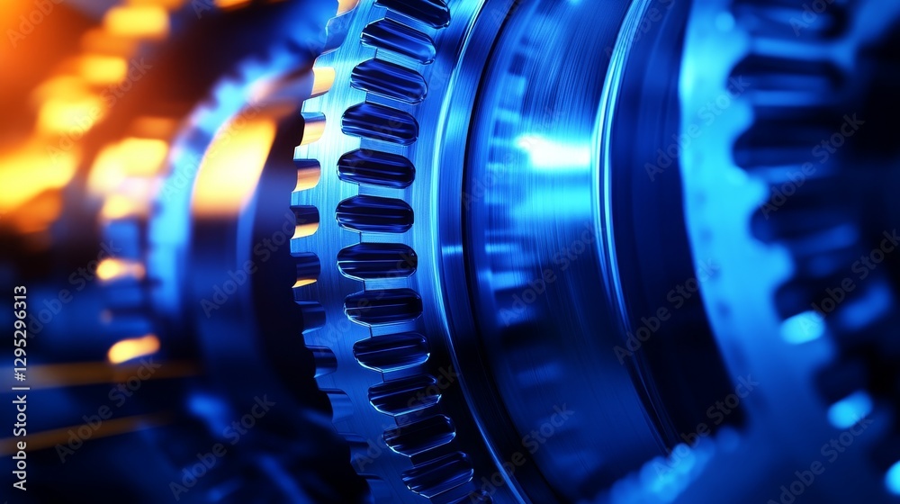 Close-up view of interlocking gears in vibrant blue and orange lighting, showcasing mechanical precision Close-up view of interlocking gears in vibrant blue and orange lighting, showcasing mechanical precision