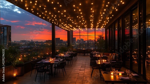 Rooftop restaurant sunset city dining ambiance
