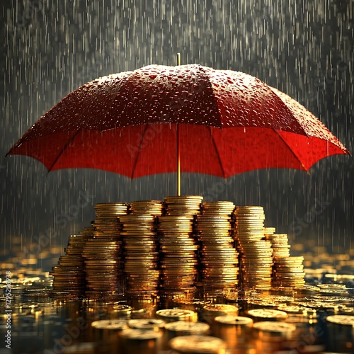 Red umbrella shields gold coins in rain