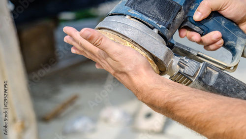 A middle-aged man sanding timber with a sander in the garden of his house on a summer day