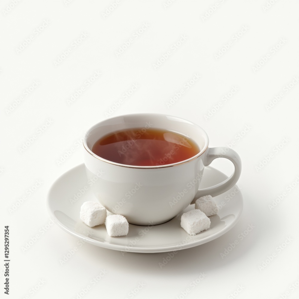 Hot black tea with sugar cubes on a saucer against white, perfect for cozy beverage ads or simple decor. Hot black tea with sugar cubes on a saucer against white, perfect for cozy beverage ads or simple decor.