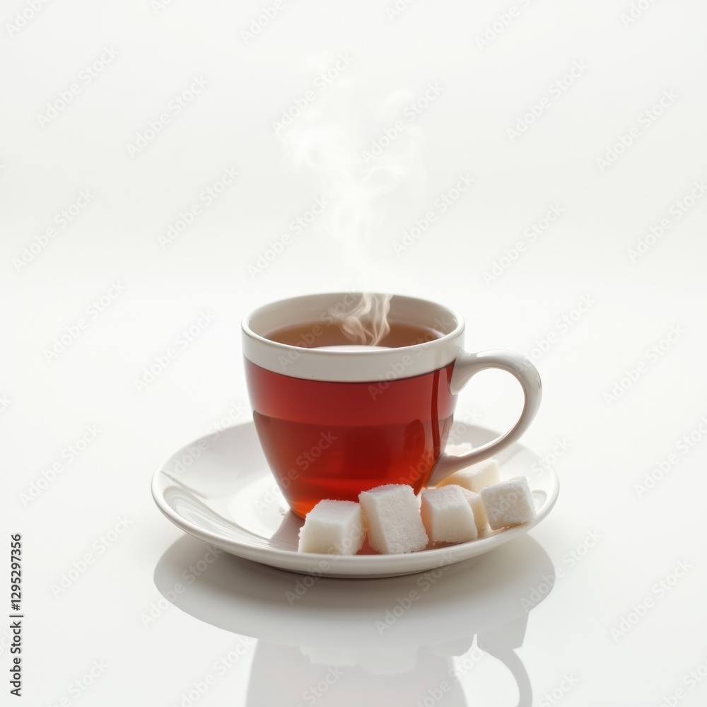 Fototapeta premium Hot black tea with sugar cubes on a saucer against white, perfect for cozy beverage ads or simple decor.
