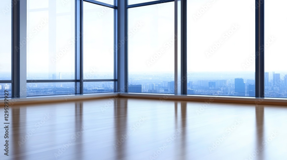 Modern empty room with large windows showcasing a city skyline and distant mountains Modern empty room with large windows showcasing a city skyline and distant mountains