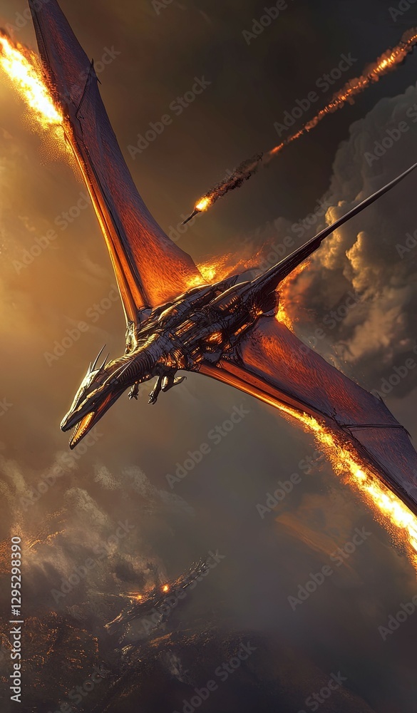 Fototapeta premium Robo-Rodan, a metallic pterosaur with jet engines for wings, cutting through the sky with a trail of fire, as its titanium talons prepare to strike.