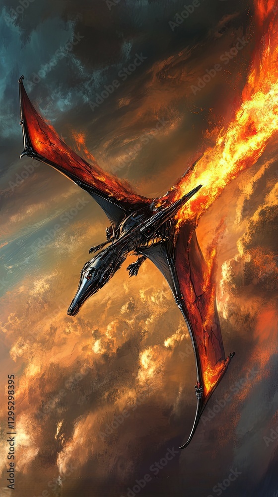 Fototapeta premium Robo-Rodan, a metallic pterosaur with jet engines for wings, cutting through the sky with a trail of fire, as its titanium talons prepare to strike.