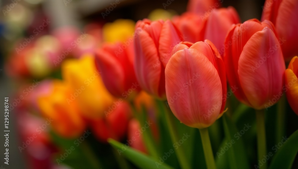 Close-up of fresh tulip bouquets for sale at flower market, market, sale, petals Close-up of fresh tulip bouquets for sale at flower market, market, sale, petals