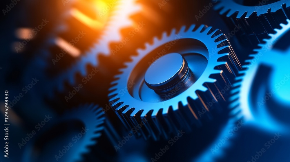 Close-up of interlocking gears in blue and orange lighting, showcasing mechanical precision and innovation Close-up of interlocking gears in blue and orange lighting, showcasing mechanical precision and innovation