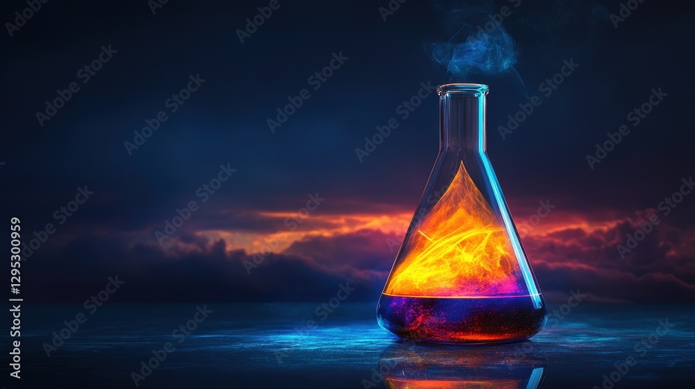 Erlenmeyer flask with vibrant, fiery liquid, smoke escapes. Ideal for science, fantasy, alchemy, or potion-related projects. Erlenmeyer flask with vibrant, fiery liquid, smoke escapes. Ideal for science, fantasy, alchemy, or potion-related projects.