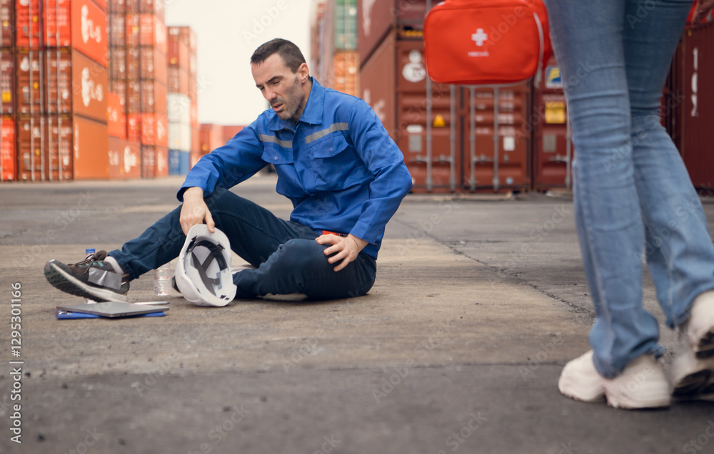 First aid for a container warehouse worker fainted while working in the bright sunlight and hot weather of a container storage yard First aid for a container warehouse worker fainted while working in the bright sunlight and hot weather of a container storage yard