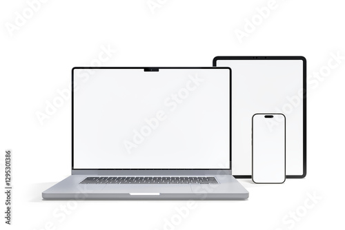 3D Realistic laptop, tablet and smartphone digital device mockup with blank screen isolated on background. Mockup technology empty display template for ui, ux, app, ads and website presentation