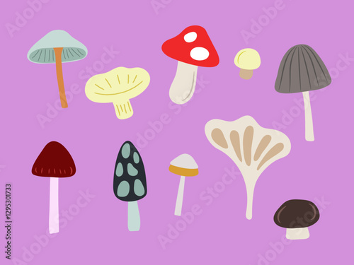 Variety of Mushrooms Vector Illustration Set. Fungi. Colorful.