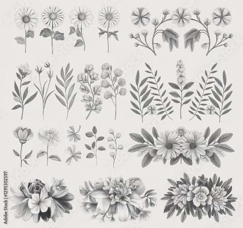 Hand drawn black and white botanical flower and leaf illustrations set with vintage floral elements for design decoration and engraving style artwork