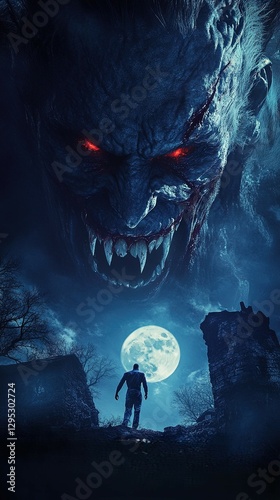 A menacing Romanian Strigoi, with fanged teeth and blood-red eyes, emerges from an ancient crypt as the full moon illuminates the village below. 
