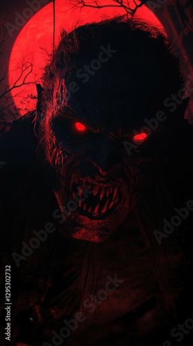 A menacing Romanian Strigoi, with fanged teeth and blood-red eyes, emerges from an ancient crypt as the full moon illuminates the village below. 