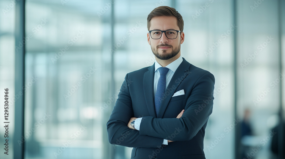 Fototapeta premium Confident Professional Portrait: A sharp and composed businessman in a modern office setting, embodying professionalism and business acumen.
