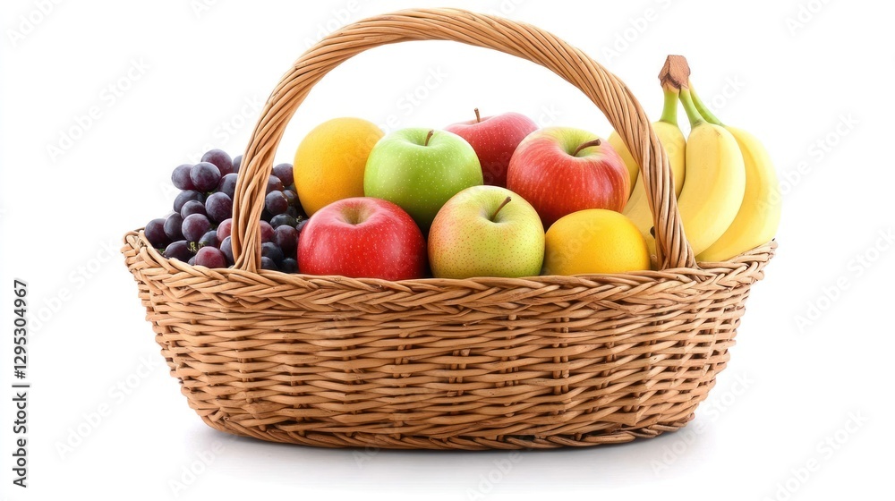 A wicker basket brimming with a vibrant collection of fresh fruits, including apples, bananas, oranges, and grapes, creating a delightful still life. A wicker basket brimming with a vibrant collection of fresh fruits, including apples, bananas, oranges, and grapes, creating a delightful still life.