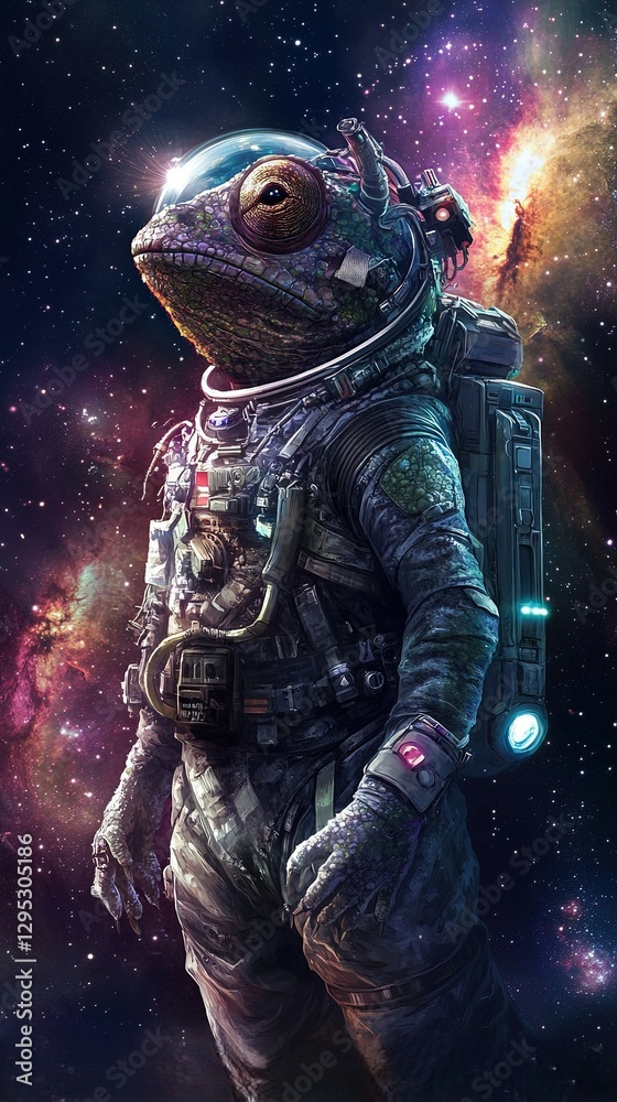 Fototapeta premium A stealthy chameleon astronaut in a high-tech spacesuit that adapts and changes colors to blend with the stars and nebulae in the background. Its large eyes scan the cosmos for new discoveries