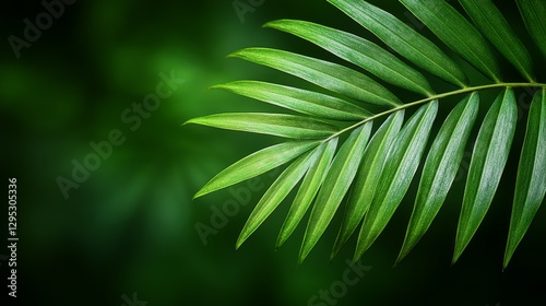 Lush Green Palm Frond Against Dark Background Tropical Nature Detail