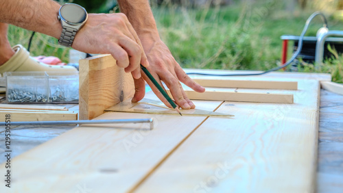 A middle-aged man measures with a tape measure to make repairs with lumber in his garden on a summer day.