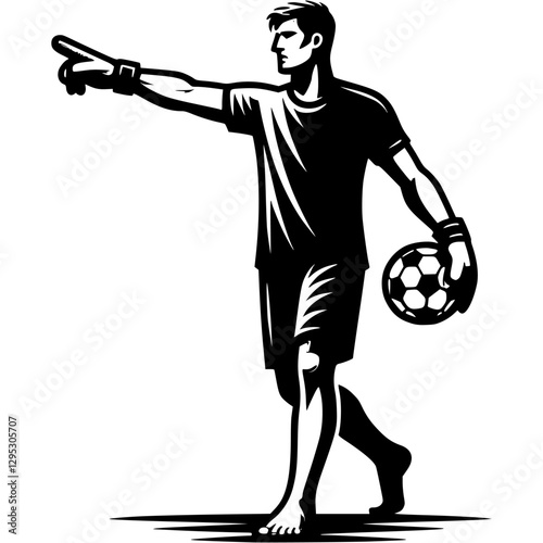Tattoo emblem of soccer goalkeeper caught ball and points his finger to middle of field in monochrome. Engraving minimalistic vector in black ink drawing on transparent background