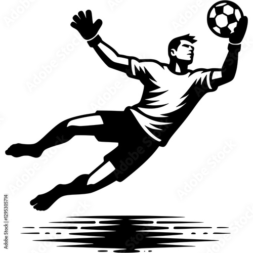 Tattoo emblem of soccer goalkeeper reached out with one hand to catch flying ball in monochrome. Engraving minimalistic vector in black ink drawing on transparent background