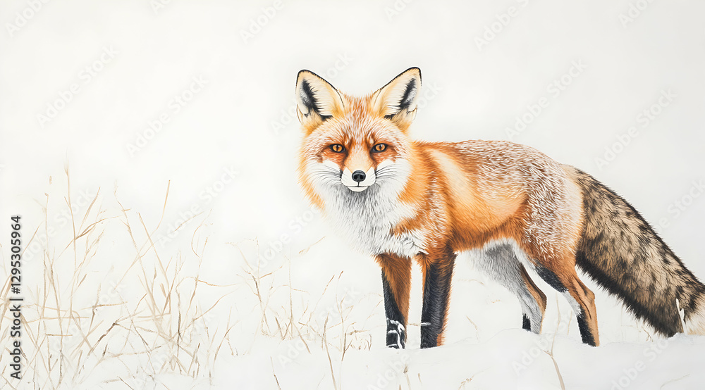 Fototapeta premium A Captivating Portrait of a Red Fox Standing Alertly in a Snowy Field, Evoking the Serenity and Wild Beauty of Winter Landscapes with its Stunning Detail