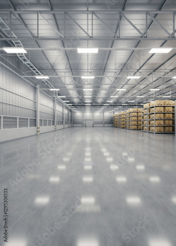 3d rendering of warehouse industry building interior. known as distribution center, retail warehouse. Included cardboard box on shelf, empty space on concrete floor suit for industrial background.
