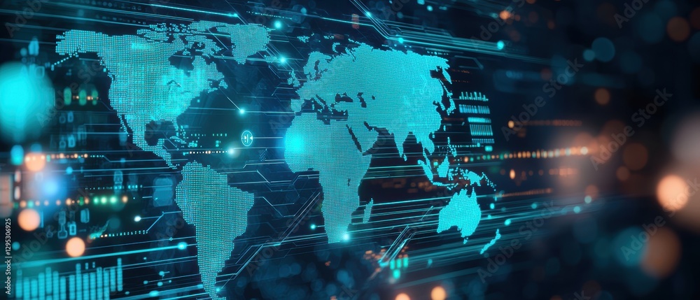 Naklejka premium A digital world map with a blue glow, overlaid with data streams, representing global connectivity and technology.