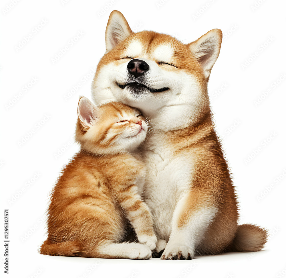 Obraz premium A Heartwarming Moment, An Adorable Kitten Cuddling with a Smiling Shiba Inu Puppy, Expressing Love and Affection in a Captivating Display of Inter-species Harmony