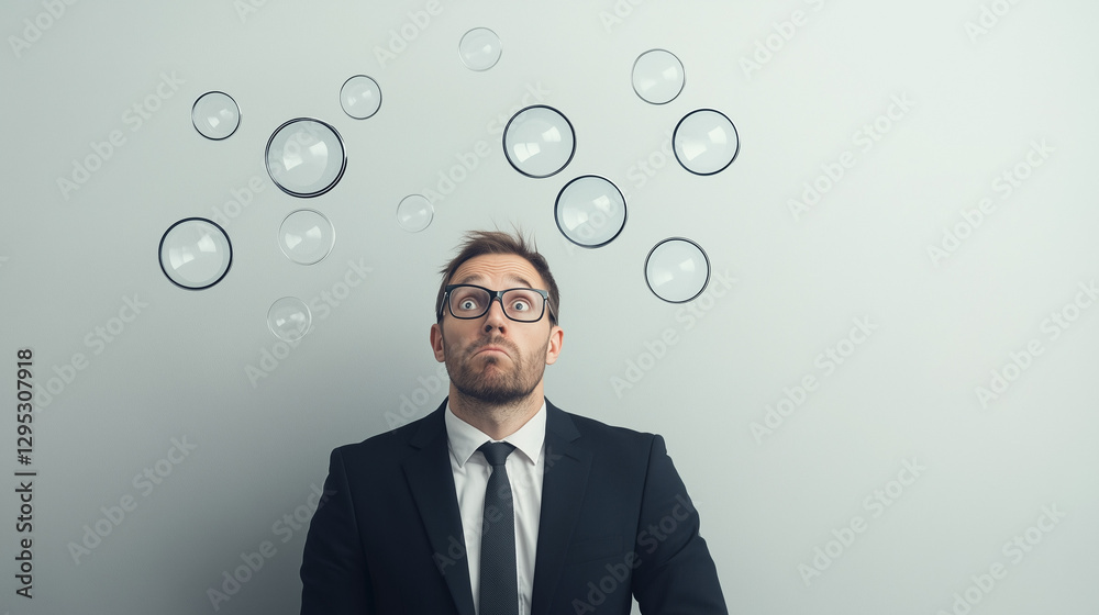 Man contemplating ideas: A smartly dressed man looks up at a collection of bubbles, representing ideas, thoughts, or daydreams, conveying a sense of reflection and contemplation. Man contemplating ideas: A smartly dressed man looks up at a collection of bubbles, representing ideas, thoughts, or daydreams, conveying a sense of reflection and contemplation.