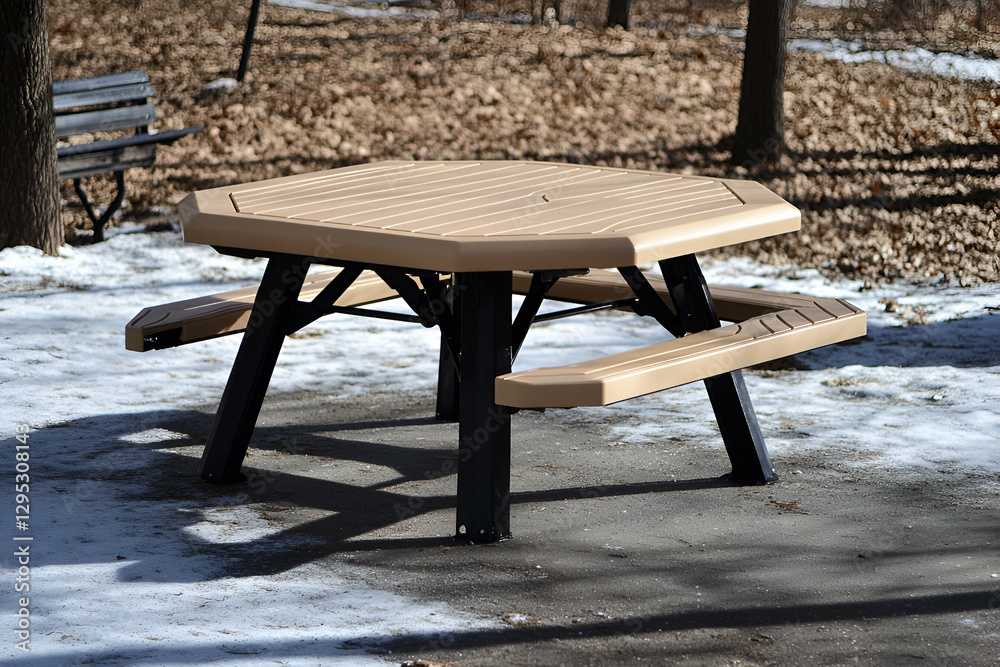 A Picnic Table Set Against a Winter Landscape, Evoking Outdoor Leisure and Community Gathering with Subtle Snowfall and Bare Trees, Creating a Tranquil Ambience A Picnic Table Set Against a Winter Landscape, Evoking Outdoor Leisure and Community Gathering with Subtle Snowfall and Bare Trees, Creating a Tranquil Ambience