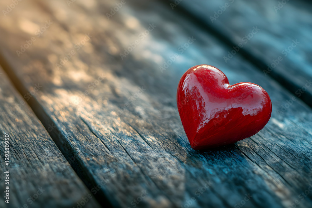 A Single Red Heart Resting on Weathered Wooden Planks Bathed in Soft Sunlight, Evoking Feelings of Love, Warmth, and Nostalgia for Romantic Occasions A Single Red Heart Resting on Weathered Wooden Planks Bathed in Soft Sunlight, Evoking Feelings of Love, Warmth, and Nostalgia for Romantic Occasions