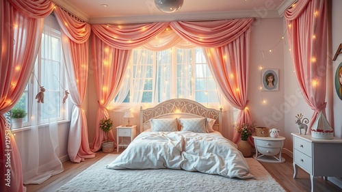 Cozy Bedroom with Soft Bedding and Flowing Curtains Framing a Sunlit Window Creating a Peaceful Atmosphere