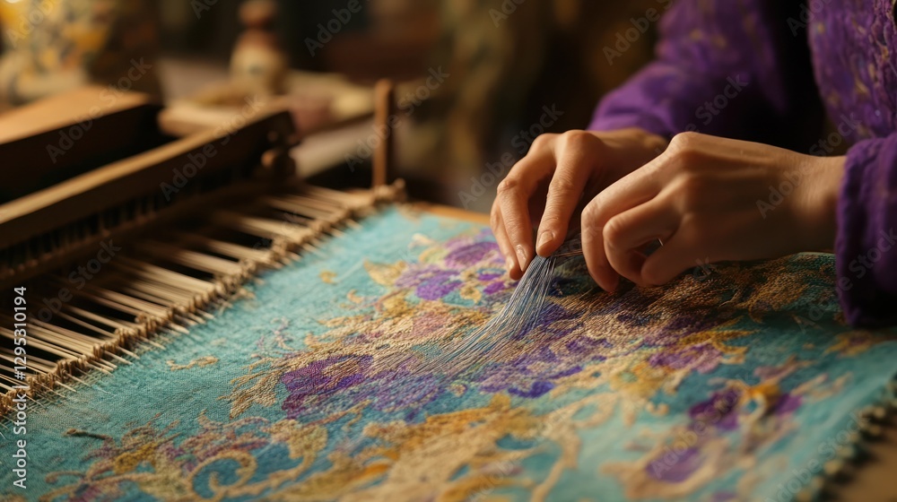 Obraz premium Masterful Hands Weaving Intricate Tapestry: A Close-Up View of Traditional Textile Art