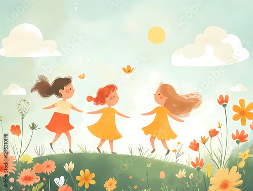 Girls Running by the Flower Bush(Children's Day)