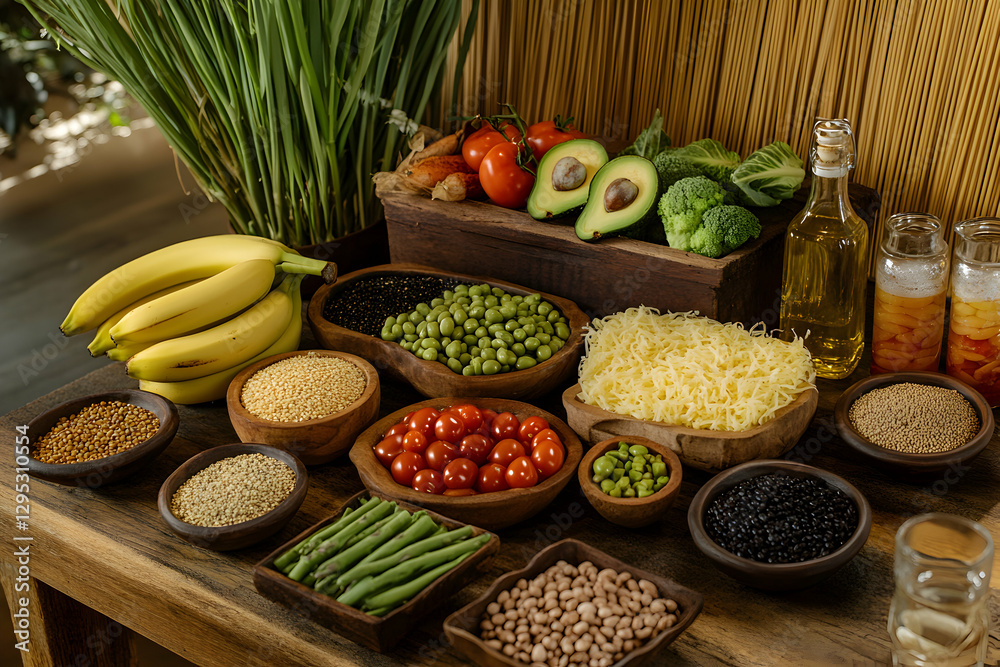 A Vibrant and Nourishing Display of Fresh Produce, Legumes, and Grains Arranged Artfully on a Rustic Wooden Tabletop Showcasing a Healthy and Balanced Diet A Vibrant and Nourishing Display of Fresh Produce, Legumes, and Grains Arranged Artfully on a Rustic Wooden Tabletop Showcasing a Healthy and Balanced Diet