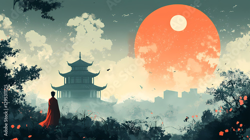 Person in Red Viewing the Building(Qingming Festival)