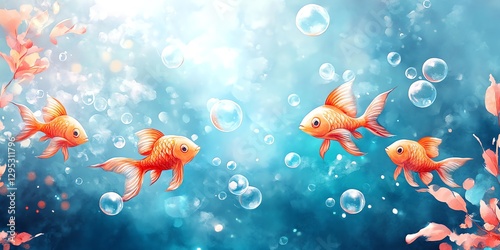 Goldfish Swimming in Blue Water with Bubbles