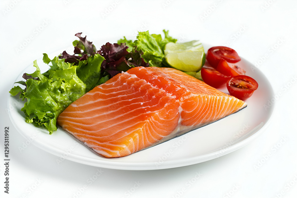 A vibrant salmon fillet rests on a white plate, adorned with fresh lettuce, succulent cherry tomatoes, and a zesty lime wedge, perfect for healthy eating concepts. A vibrant salmon fillet rests on a white plate, adorned with fresh lettuce, succulent cherry tomatoes, and a zesty lime wedge, perfect for healthy eating concepts.