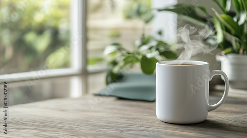 Wallpaper Mural steaming white mug sits on wooden table, surrounded by lush green plants, creating tranquil and inviting atmosphere perfect for relaxation or work Torontodigital.ca