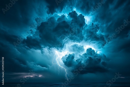 The dramatic thunderstorm with lightning illuminates the cloudy sky