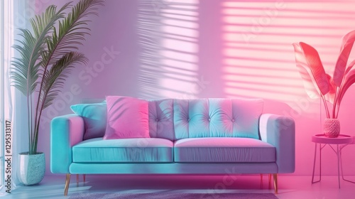 Neon-lit Living Room  Pastel Couch and Tropical Plants