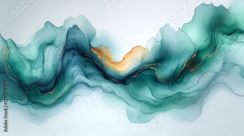 Abstract Teal and Gold Ink Wash Painting Serene Flowing Waves