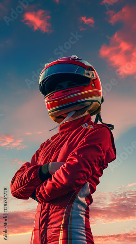 Race car driver in red suit and helmet standing confidently.