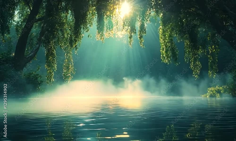 Misty Riverside Landscape with Sunlight Dappling Through Overhanging Willow Trees Misty Riverside Landscape with Sunlight Dappling Through Overhanging Willow Trees