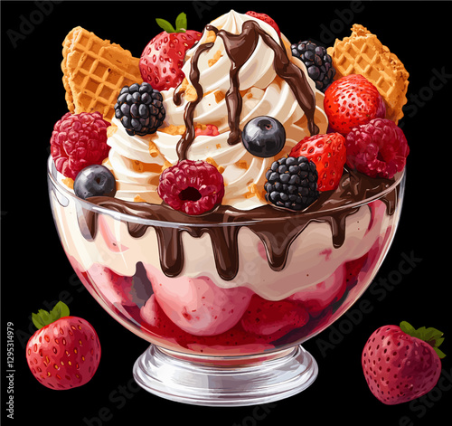 Indulgent Berry Sundae: A Delicious Mix of Fresh Fruits and Chocolate Drizzle