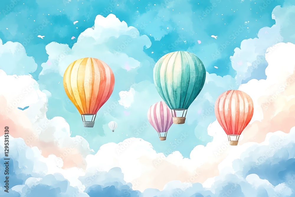 Naklejka premium Watercolor Hot Air Balloons Floating in Sky Cloudscape