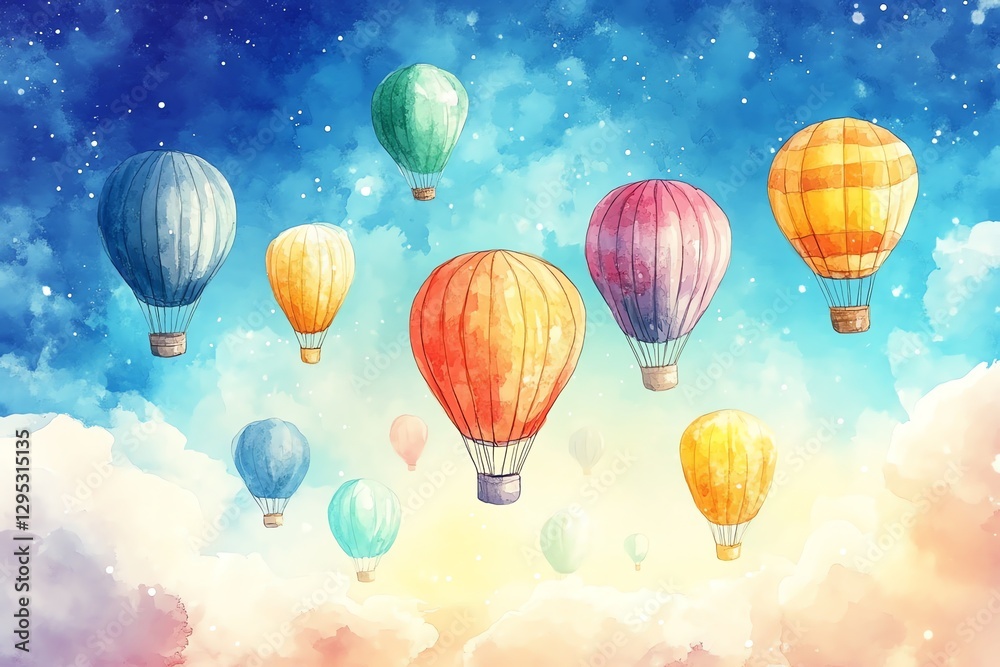 Obraz premium Colorful Hot Air Balloons Floating in Sky Watercolor Painting