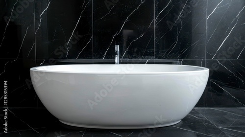Elegant Freestanding Bathtub in a Modern Marble Bathroom with a Polished Chrome Faucet Fixture